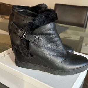 Aquatalia Black Wedge Booties with Shearling Detail